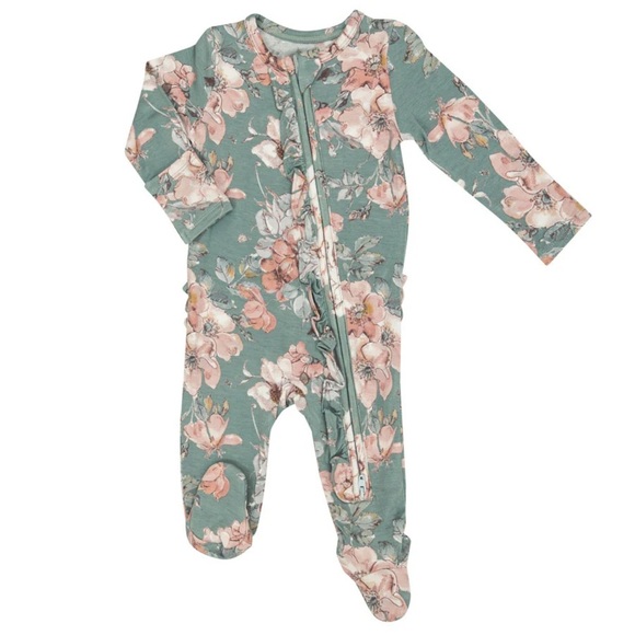 Angel Dear Woodrose Floral Two-Way Ruffle Zipper Footie - Picture 1 of 11